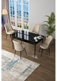 Resim Canisa Concept Zen Serisi 80x132 Mdf Açılabilir Siyah Mermer Desen Masa Takımı Ve 4 Krem Sandalye Masa Siyah Sandalyeler Krem 