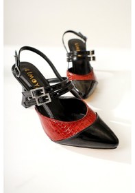 Resim Tisha Siyah Bordo Kroko Detaylı Çift Tokalı Sivri Burunlu Topuklu Sandalet 001 
