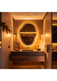 Resim Zelvora Amber Led'li Lazer Kumlamalı Lavabo & Banyo Aynası Dokunmatik Sensörlü 80 X 60 Turuncu 