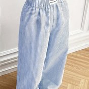 Resim Kadınlar için Rahat Mavi Çizgili Geniş Paça Pantolon Elastik Bel - Makinede Yıkanabilir, Polyester 