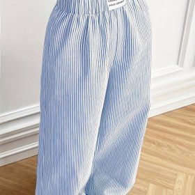 Resim Kadınlar için Rahat Mavi Çizgili Geniş Paça Pantolon Elastik Bel - Makinede Yıkanabilir, Polyester 