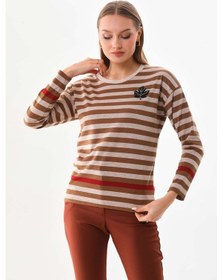 Resim Sistas Kadın Çizgili İşleme Detaylı Uzun Kol Bluz 23615 Camel 