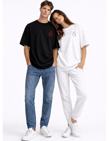 Resim Sevgili Kombini Ateş Su Minimal Çift Tişört Oversize Unisex Partn Siyah - Beyaz 