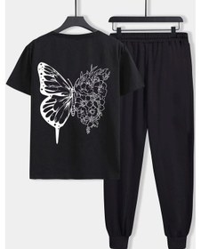 Resim Unisex Drawing Butterflies Baskılı 2'li Eşofman Takımı Siyah 