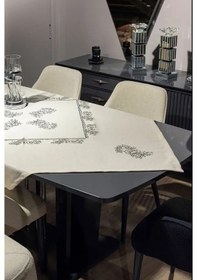 Resim Doğal Pamuk Keten Kare Masa Örtüsü - 155x155 Cm, El Baskılı Şık T 