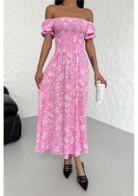 Resim Dipmoda Kadın Yazlık Madonna Yaka Desenli Viskon Elbise Dpg022 Pembe 