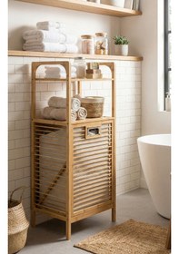 Resim Doğal Bambu Kirli Sepetli 2 Raflı Çok Amaçlı Banyo Düzenleyici Çamaşır Sepeti Organizer Bej 