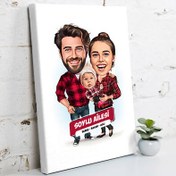 Resim Anne Baba ve Bebek Karikatürlü Kanvas Tablo 