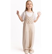 Resim Roba Komple Nakışlı Keten Salopet Natürel Naturel Bej 