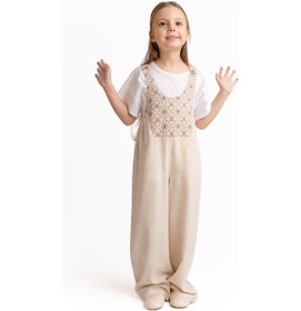 Resim Roba Komple Nakışlı Keten Salopet Natürel Naturel Bej 