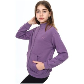 Resim Toontoy Kız Çocuk Mavi Dik Yaka Fermuarlı Cepli Düşük Omuz Nakış Baskılı Örme Hırka - 2 İplik Şardonlu Mor 