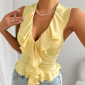 Resim Kadın Seksi V Yaka Kolsuz Üst - Siyah Ruffled Dantel Trim, Form-Fitting Yazlık Tank için daha İnce Bir Figür, Bahar/Yaz/Sonbahar Giyim, Yazlık Tank Üstleri 