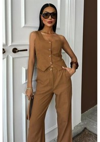 Resim Moderie Butik Tek Omuz Büstiyer Plazzo Pantolon Viscon Takım 10159 Kahverengi 