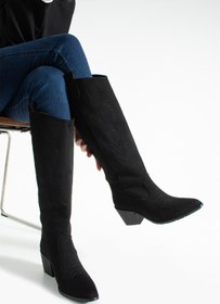 Resim Bufu Dallas Kadın Siyah Süet Kovboy Çizme – 7 cm Topuklu, Western Tarz 