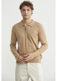 Resim Fermuarlı Polo Yaka Triko Kazak - Bej Bej 