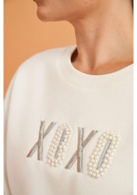 Resim Pjs Xoxo Kadın Baskılı Uzun Kollu Sweatshirt Çizgili Eşofman Takım Ekru 