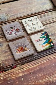 Resim Oscar Stone Decor Yeni Yıl Yılbaşı Baskılı Doğal Taş Bardak Altlığı 4'Lü Set Tile Yba-028 