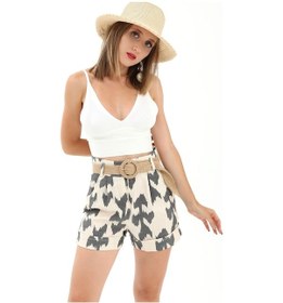 Resim Hasır Kemer Baskılı Keten Şort - Siyah-siyah Siyah 