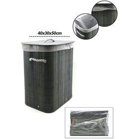 Resim Gri Dikdörtgen 40x30cm - Y:60cm Bambu Ahşap Kirli Çamaşır Sepeti Seyyar Kapaklı Kumaş Çantalı İp Kulplu 5399 Çok Renkli 