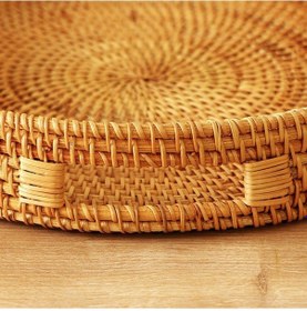 Resim Bohem Rattan Kulplu Yuvarlak Tepsi 35x6 Cm Large, Iskandinav, Modern 