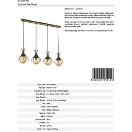 Resim Avonnı AV-60161-4EY Eskitme Kaplama Modern Avize, E27, Metal, Cam, 70X13CM 