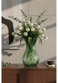 Resim Luvia Modern Çizgili Cam Vazo - 18 Cm Dekoratif Yeşil Çiçek Vazosu Koyu Yeşil 