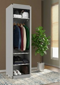 Resim Missidea Slim Fit Portatif Metal Profilli Askılı Raflı Bez Dolap Gri 