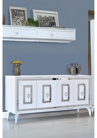 Resim Ala Beyaz Gümüş Şerit Detaylı Konsol 4 Kapaklı Mebran 164x44x80 Cm 