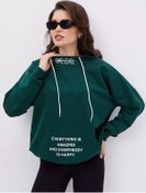Resim D-shops Büyük Beden Baskılı Tüysüz Kapüşonlu Sweatshirt 205944872 Koyu Yeşil 