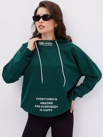 Resim D-shops Büyük Beden Baskılı Tüysüz Kapüşonlu Sweatshirt 205944872 Koyu Yeşil 