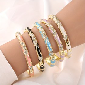 Resim Vintage Kabile 18K Altın Kaplama Bahar Eksenli Bilezik ile Rhinestones, Çinko Alaşım Emaye Bilezik Günlük ve Hediye Olayları için - 1 Set 