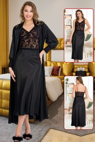 Resim Jenny Daphne 2 li Lady uzun kollu siyah renkli tantel detaylı saten sabahlık takımı 15209 