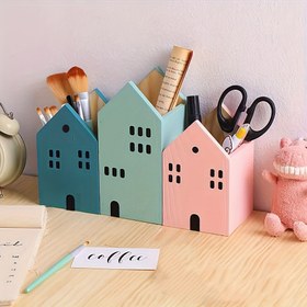 Resim Ahşap Yaratıcı Küçük Ev Kalem Tutucu Masaüstü Kırtasiye Depolama için 