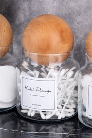 Resim DNS HOME 3'lü Cam Pamuk Seti Ahşap Kapaklı Kulak Pamuğu Makyaj Pamuğu Pamuk Organize Seti Saklama Kabı 