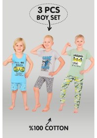 Resim Vitmo Erkek Çocuk 3'lü %100 Pamuklu 1-2-3 Yaş Pijama Takımı Model:114 Çok Renkli 