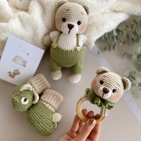 Resim Amigurumi Tulumlu Ayıcık Oyuncağım Yeşil - 4 Parça Bebek Seti 