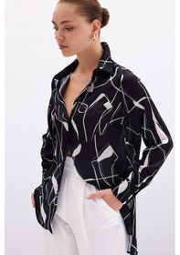 Resim Sateen Yırtmaç Detaylı Gömlek - Siyah-136102 Siyah 