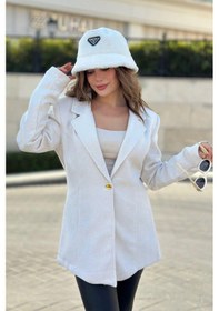 Resim Kadın Beyaz Astarlı, Tek Düğme, Vucüda Oturan Kalıp, Fitilli Kaşe Kumaş Blazer Ceket Beyaz 