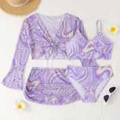 Resim Moda Baskılı Güneş Koruyucu Bikini Dört Parça Seti 