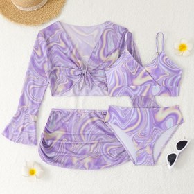 Resim Moda Baskılı Güneş Koruyucu Bikini Dört Parça Seti 
