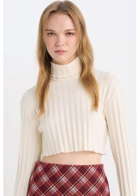 Resim Defacto Coool Balıkçı Yaka Crop Top Basic Düz Fitilli Kaşkorse Uzun Kollu Tişört E1673AX24WNER238 Ekru 