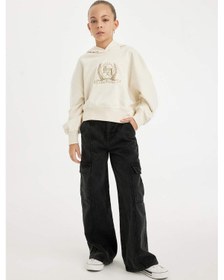 Resim DeFacto Kız Çocuk Ekru Oversize Geniş Kalıp Kapüşonlu İşlemeli Kalın Sweatshirt D2885A824WNER233 