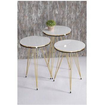 Zigon Sehpa & Yan Sehpa 3'Lü Ahşap Ayaklı Sehpa - Beyaz Mermer