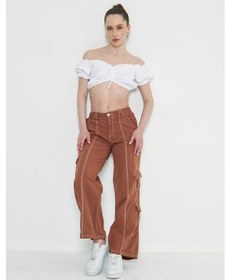 Resim Kutaf Camel Kargo Cepli Dikiş Detaylı Yüksek Bel Wide Leg Pantolon Açık Kahverengi 