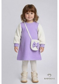 Resim Babyden's Bayramlık Şık Ve Rahat Kız Bebek Elbise Çantalı Yumuşak Peluş Kollu Kışlık Çocuk Kombini Lila 