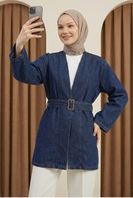 Resim MODAQU Kemerli Kot Kimono - Koyu Mavi 