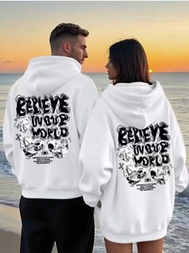 Resim Believe In Your World Yazılı Sevgili Kombini Hoodie Unisex Oversize Siyah Sweatshirt 2'li Set Beyaz 