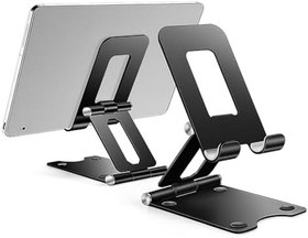 Resim Ayarlanabilir Metal Telefon ve Tablet Standı - Katlanabilir Masa Üstü Tutucu, Kaymaz Silikon Destekli, Evrensel Uyumlu, Şarj Boşluklu, Siyah 