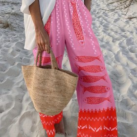 Resim Kadınlar için Günlük Geniş Paça Pantolon - Pembe Balık ve Geometrik Desenli, Canlı Kırmızı Hayvan Deseni, Makinede Yıkanabilir Esnek Olmayan Kumaş, Tüm Sezonlarda Rahatlık İçin Cepler 