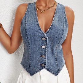Resim Kadınlar İçin Klasik Beş Yama Detaylı, Tek Düğmeli Kısa Boyunlu Denim Ceket - Günlük Kullanım için Her Mevsime Uygun Katman Giysi, Rahat Kesim ve Kolsuz Tasarım 